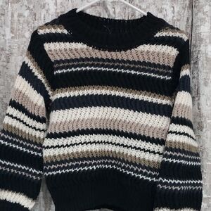 Chic Striped Black and Cream Women's Crewneck Sweater